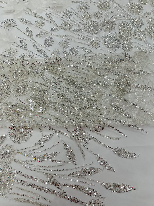Ivory Luxury 3D Floral/Butterfly Beaded Lace, Sold by The Yard.