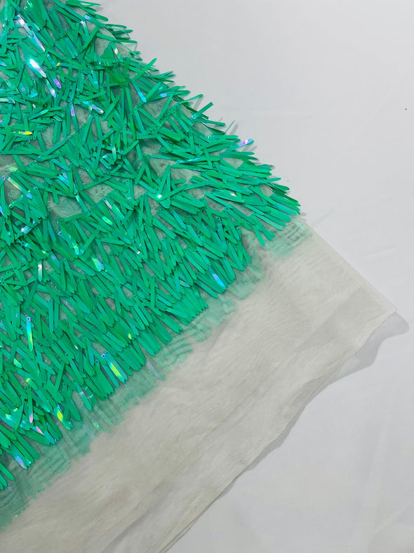 Jade Iridescent  Sword Sequins Fabric/Big Sequins Fabric On White Mesh/54 Inches Wide.