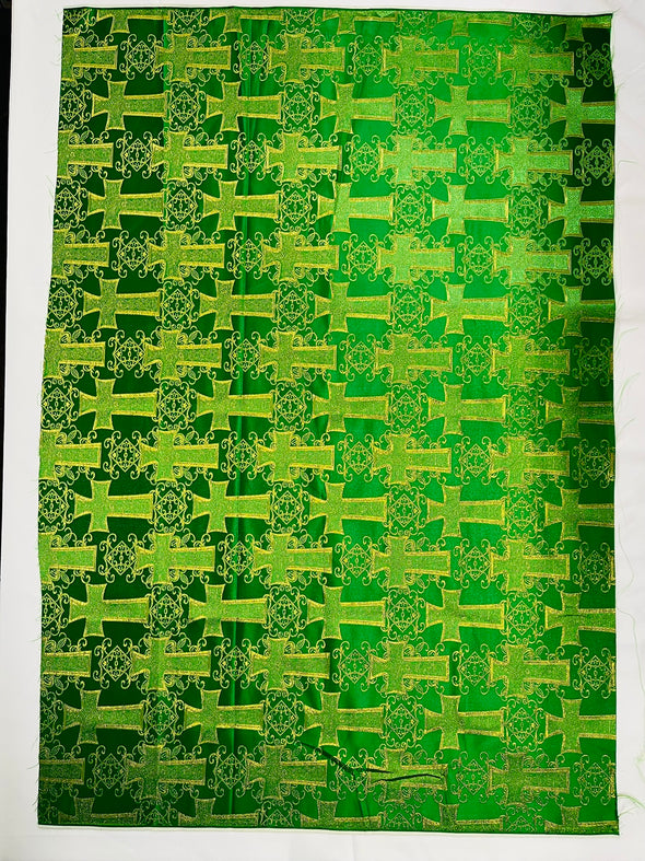 Kelly Green Metallic Big Cross Brocade Jacquard Satin/Religious Brocade/58 Inches Wide/Liturgical Fabric/Church/Vestment