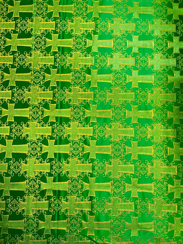 Kelly Green Metallic Big Cross Brocade Jacquard Satin/Religious Brocade/58 Inches Wide/Liturgical Fabric/Church/Vestment