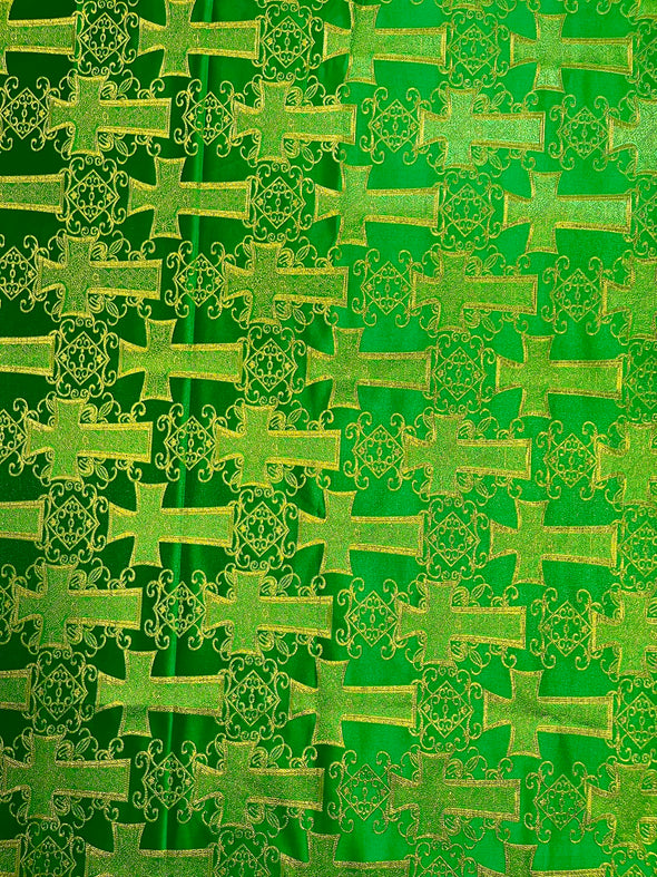 Kelly Green Metallic Big Cross Brocade Jacquard Satin/Religious Brocade/58 Inches Wide/Liturgical Fabric/Church/Vestment