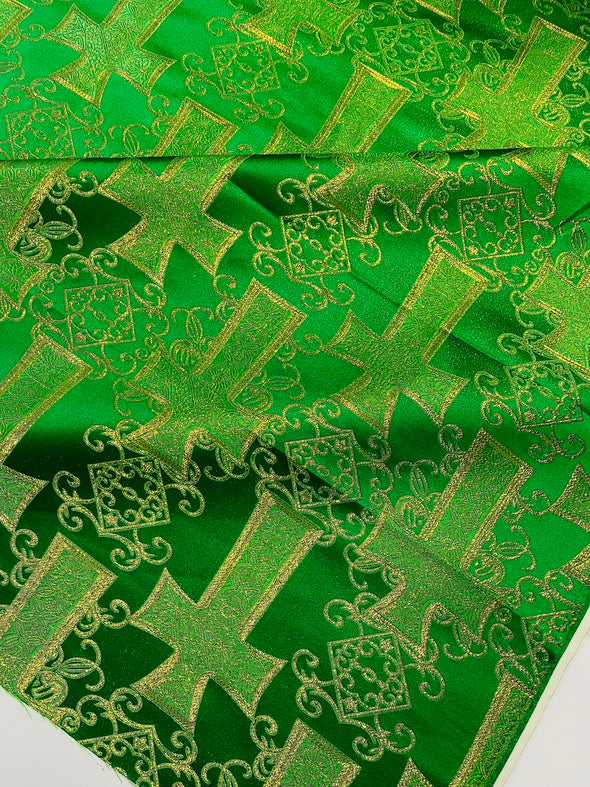 Kelly Green Metallic Big Cross Brocade Jacquard Satin/Religious Brocade/58 Inches Wide/Liturgical Fabric/Church/Vestment