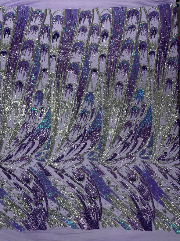 Lavender Silver Lilac On Lavender Iridescent Feather sequin design on a Blue 4 way stretch mesh Fabric-prom- Sold by the yard