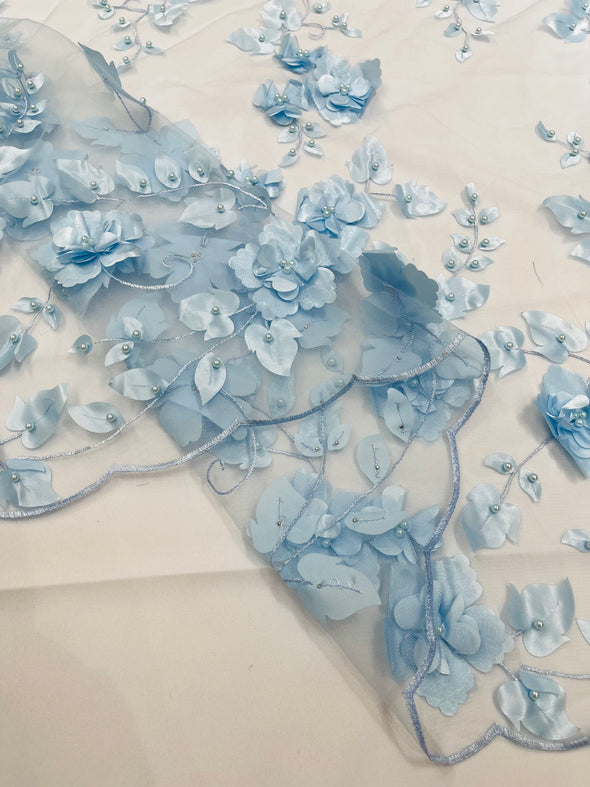 Light Blue Double Scalloped Orquidia 3D Floral Design Embroider and Beaded With Pearls On a Mesh Lace-Prom-Dresses-Apparel-Fashion SoldByYard