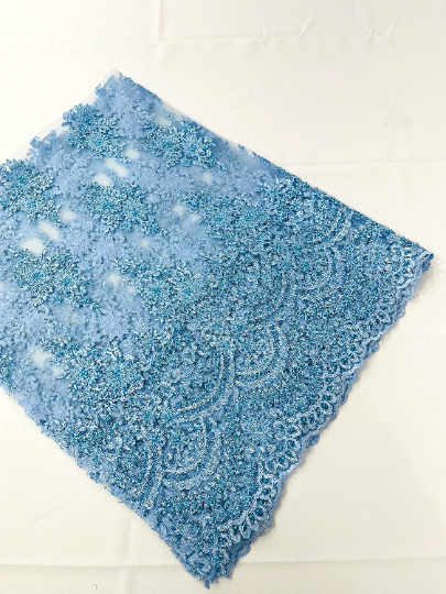 Light Blue Erin Diamond Beaded Metallic Floral Embroider On a Mesh Lace Fabric-Sold By The Yard