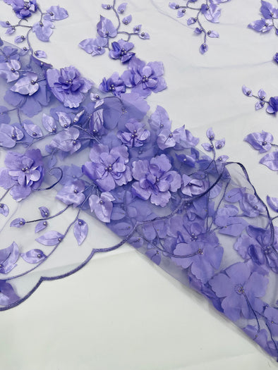 Lilac Double Scalloped Orquidia 3D Floral Design Embroider and Beaded With Pearls On a Mesh Lace-Prom-Dresses-Apparel-Fashion SoldByYard