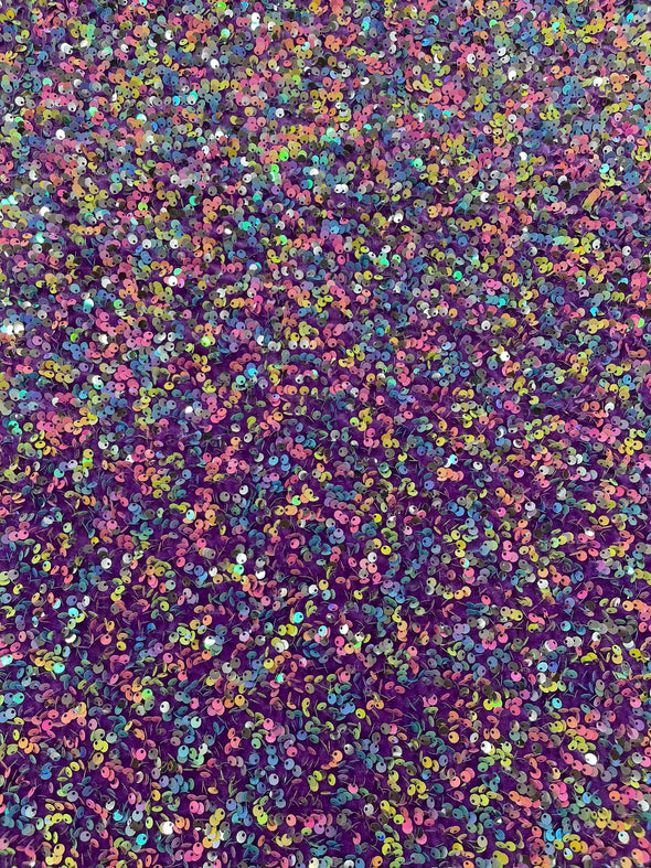 Multi color Confetti all over shiny sequins on lilac stretch velvet , Sold by the yard