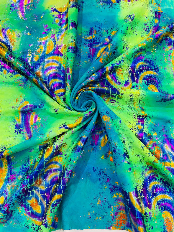 Tye Dyed Holographic Foil Reptile Stretch Nylon Tricot Spandex/58 Inches Wide.