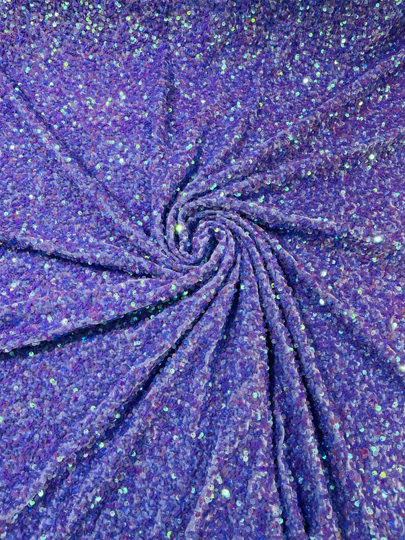 Iridescent 5mm sequins on a stretch velvet 2-way stretch, sold by the yard.
