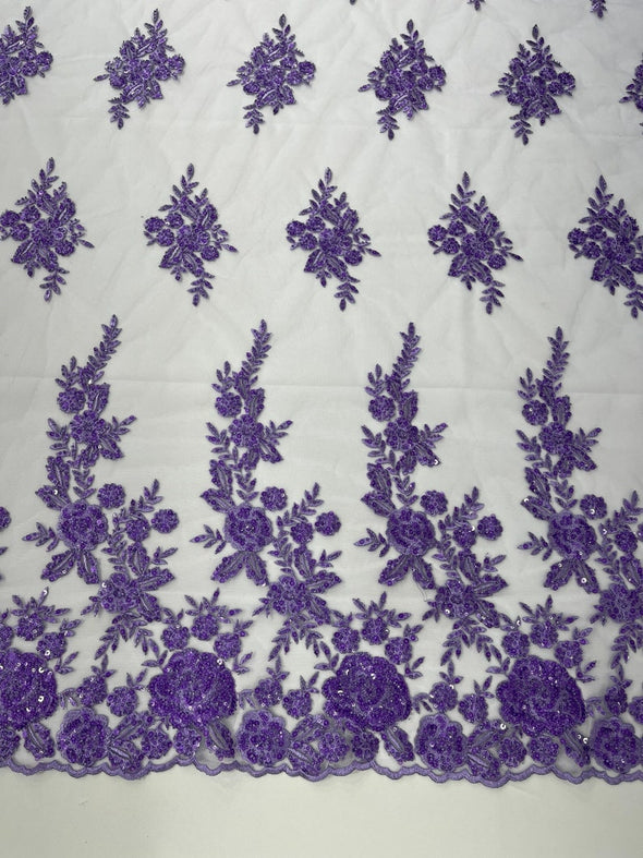 Lavender Floral design embroider and beaded on a mesh lace fabric-Wedding/Bridal/Prom/Nightgown fabric.