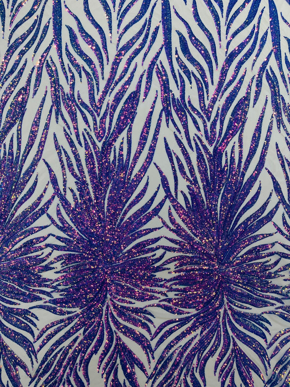 Lavender Iridescent Phoenix Feather Design with Sequins Embroider on a Nude 4 way Stretch Mesh Fabric- Sold by the yard.