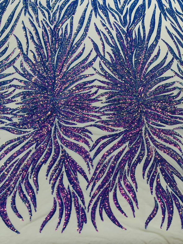 Lavender Iridescent Phoenix Feather Design with Sequins Embroider on a Nude 4 way Stretch Mesh Fabric- Sold by the yard.