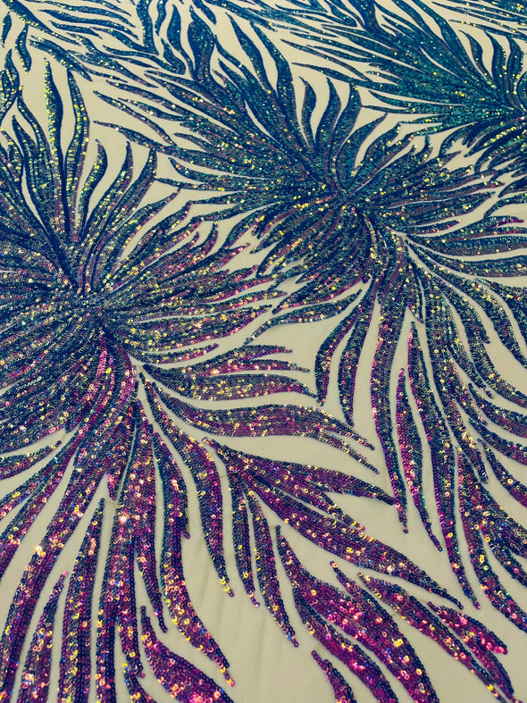 Lavender Iridescent Phoenix Feather Design with Sequins Embroider on a Nude 4 way Stretch Mesh Fabric- Sold by the yard.