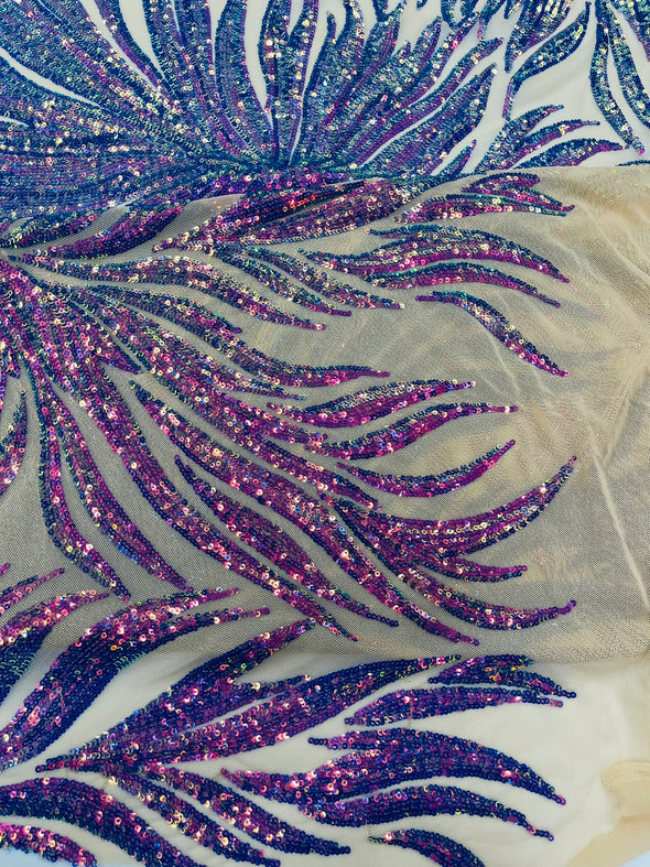 Lavender Iridescent Phoenix Feather Design with Sequins Embroider on a Nude 4 way Stretch Mesh Fabric- Sold by the yard.