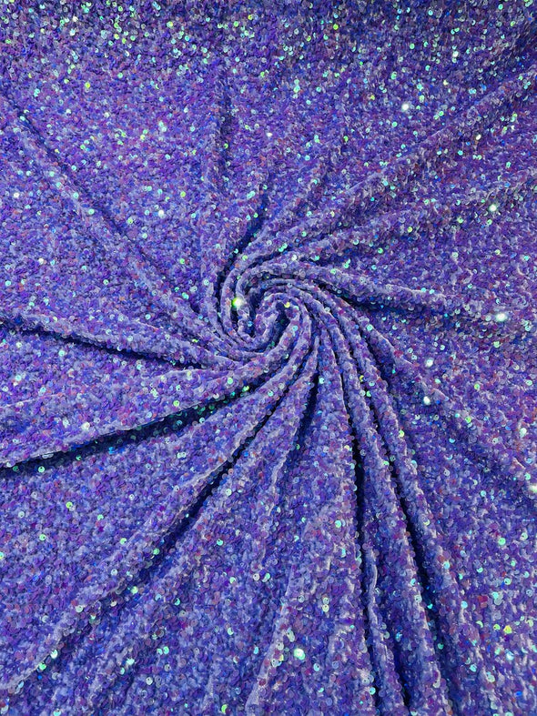 Lavender Iridescent 54" Stretch Velvet with Luxury Sequins All Over 5mm Shining Sequins 2-Way Stretch. Sold by the yard.