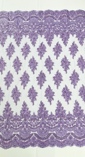 Lavender Erin Diamond Beaded Metallic Floral Embroider On a Mesh Lace Fabric-Sold By The Yard