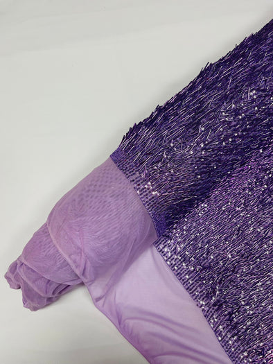 Lavender Vegas Beaded Sequin Stretch Mesh Fabric, Embroidered Design for Prom Gown, by The Yard