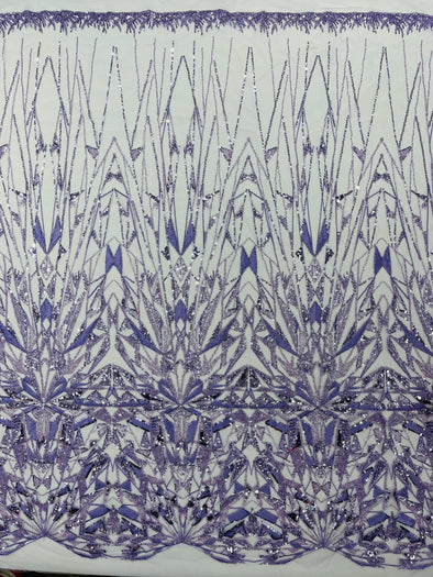 Lavender Geometric Beaded Design On A Mesh Lace Fabric (By The Yard)