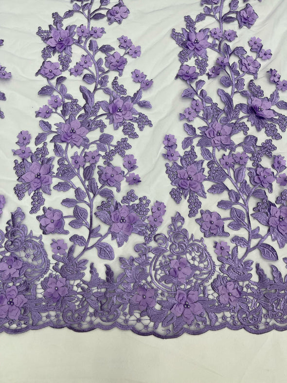 Lavender 3D floral design embroider and beaded with pearls on a mesh lace-prom-dresses-nightgown-apparel-fashion-Sold by yard