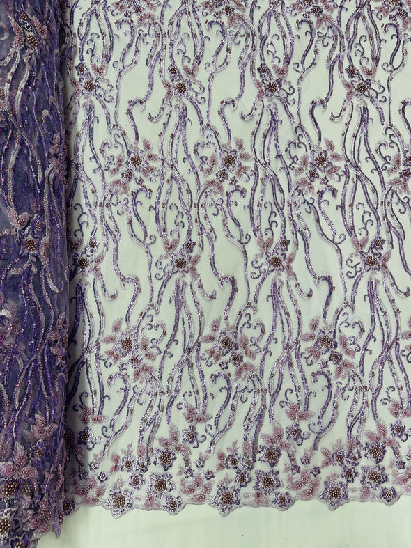 Lavender Vine Floral Beaded Lace Sequin Embroider lace Sold By The Yard.