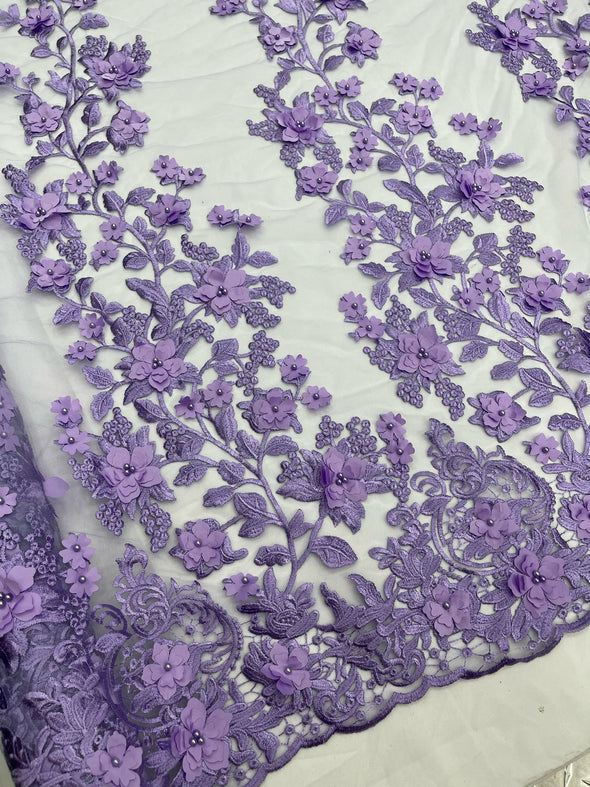 Lavender 3D floral design embroider and beaded with pearls on a mesh lace-prom-dresses-nightgown-apparel-fashion-Sold by yard