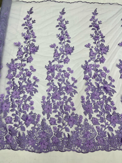 Lavender 3D floral design embroider and beaded with pearls on a mesh lace-prom-dresses-nightgown-apparel-fashion-Sold by yard