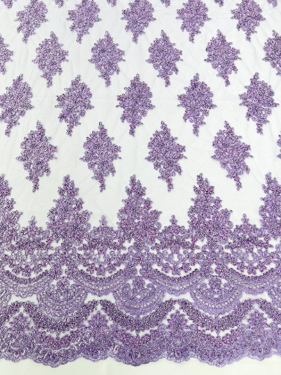Lavender Erin Diamond Beaded Metallic Floral Embroider On a Mesh Lace Fabric-Sold By The Yard
