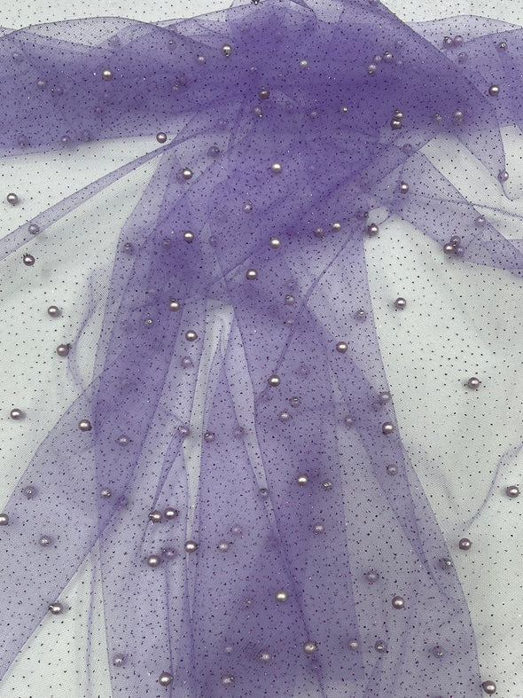 Pearl Glitter Studded Mesh, 2-Way Stretch Shimmer Mesh Fabric, Sold by the yard.