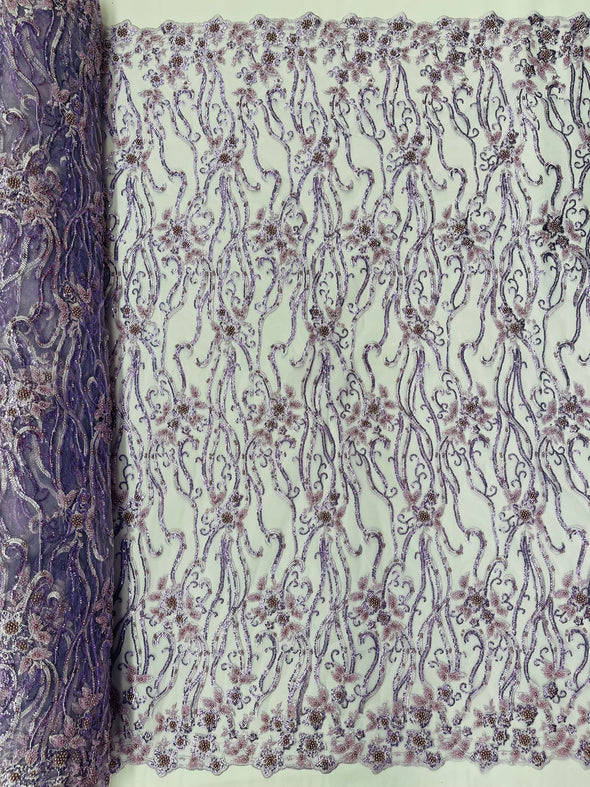 Lavender Vine Floral Beaded Lace Sequin Embroider lace Sold By The Yard.