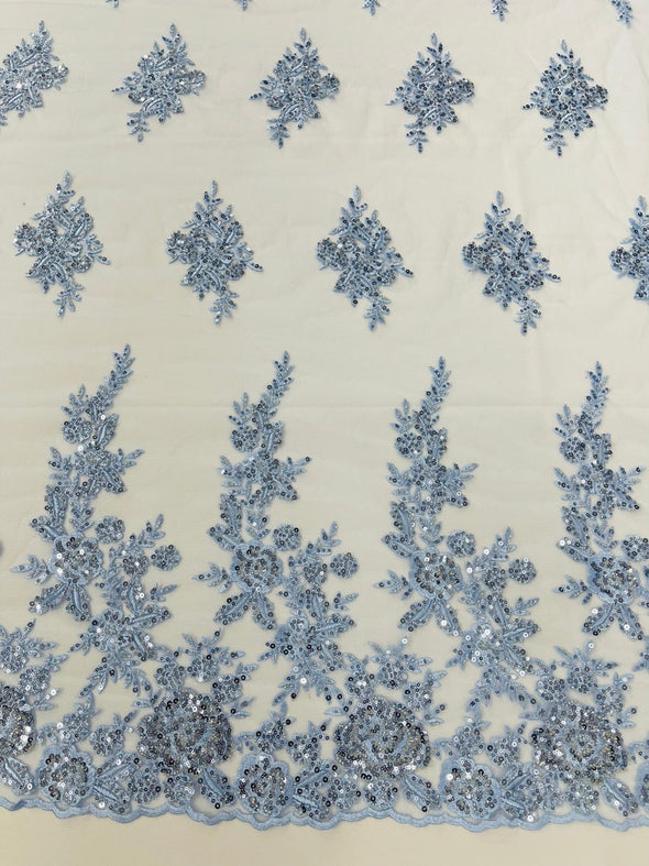 Light Blue Floral design embroider and beaded on a mesh lace fabric-Wedding/Bridal/Prom/Nightgown fabric.