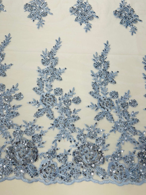 Light Blue Floral design embroider and beaded on a mesh lace fabric-Wedding/Bridal/Prom/Nightgown fabric.