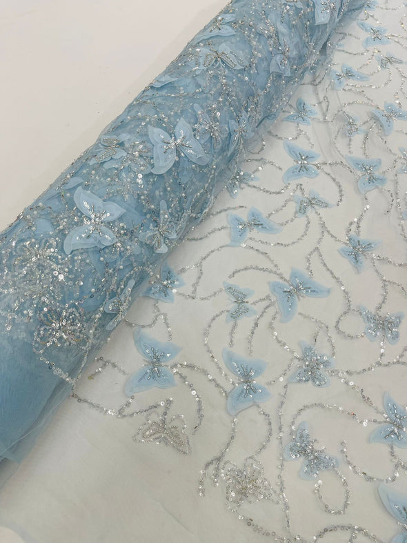 Light Blue 3D Butterfly Design Embroider and Beaded on a Mesh Lace-Prom-Sold by yard.