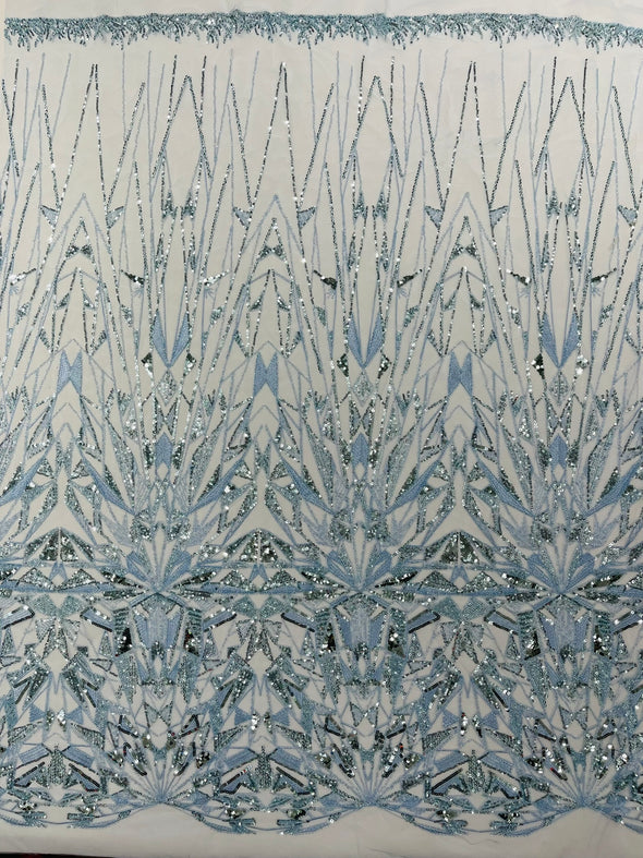 Light Blue Geometric Beaded Design On A Mesh Lace Fabric (By The Yard)