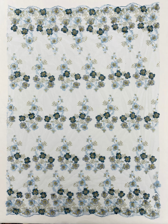 Multi Color 3D Floral Design Embroider with Pearls in a Mesh Lace -Sold by the yard.