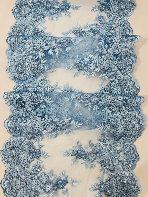 Light Blue 14"Wide Sequins Metallic Embroidered Lace on Mesh Fabric, Trim Lace, Table Runner. Sold By The Yard.