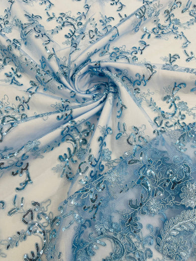 Light Blue Flower lace corded and embroider with sequins on a mesh- Sold by the yard