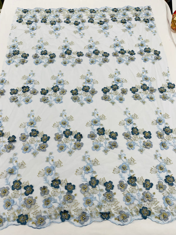 Multi Color 3D Floral Design Embroider with Pearls in a Mesh Lace -Sold by the yard.