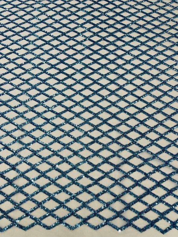 Light Blue Luxury Diamond Design Mini Glitz Sequins On A Mesh Fabric/Prom/Wedding/Party Supply