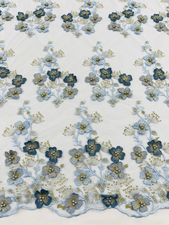Multi Color 3D Floral Design Embroider with Pearls in a Mesh Lace -Sold by the yard.