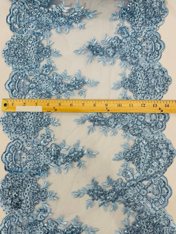 Light Blue 14"Wide Sequins Metallic Embroidered Lace on Mesh Fabric, Trim Lace, Table Runner. Sold By The Yard.