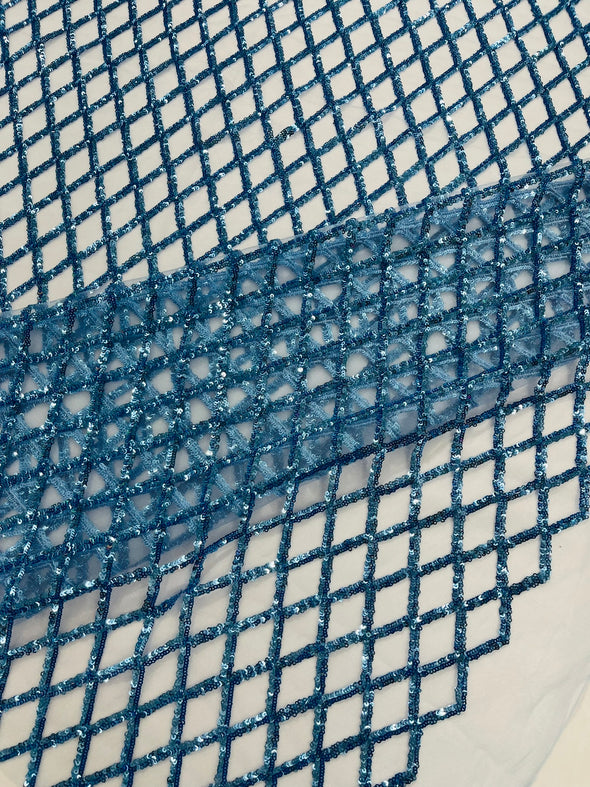Light Blue Luxury Diamond Design Mini Glitz Sequins On A Mesh Fabric/Prom/Wedding/Party Supply