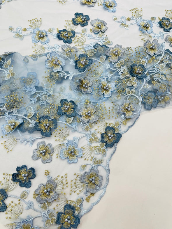 Multi Color 3D Floral Design Embroider with Pearls in a Mesh Lace -Sold by the yard.