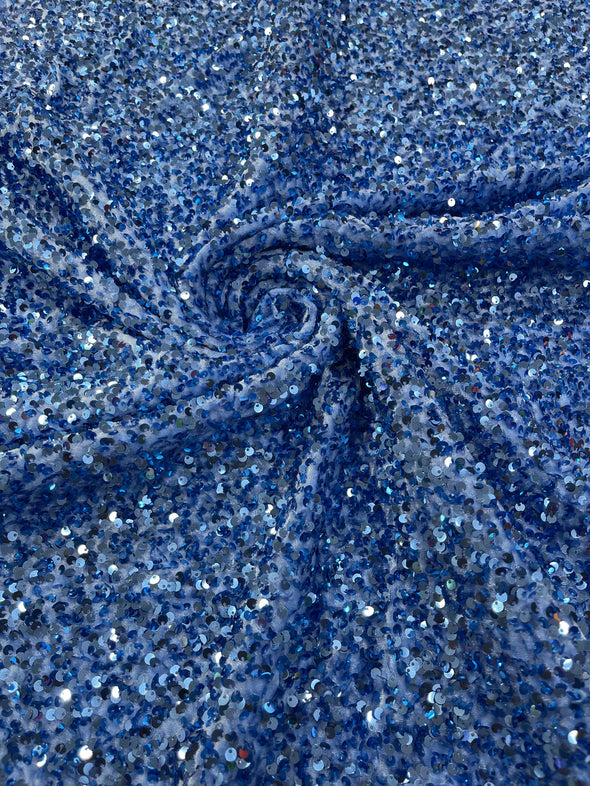 Light Blue 54" Stretch Velvet with Luxury Sequins All Over 5mm Shining Sequins 2-Way Stretch. Sold by the yard.