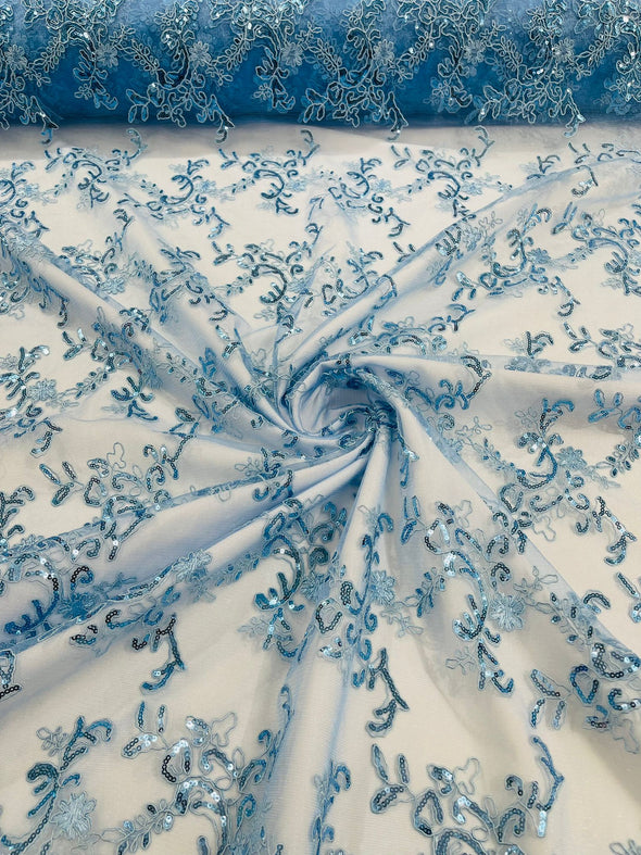 Light Blue Flower lace corded and embroider with sequins on a mesh- Sold by the yard