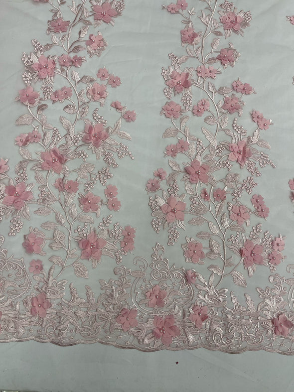 Light Pink 3D floral design embroider and beaded with pearls on a mesh lace-prom-dresses-nightgown-apparel-fashion-Sold by yard