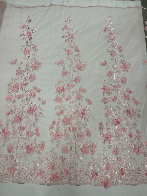 3D floral design embroider and beaded with pearls on a mesh lace-prom-dresses-nightgown-apparel-fashion-Sold by yard