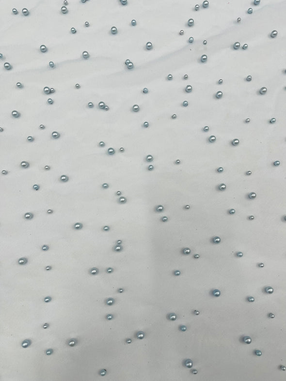 Heavy Scattered Pearls Studded Mesh, 2-Way Stretch, Sold By The Yard.