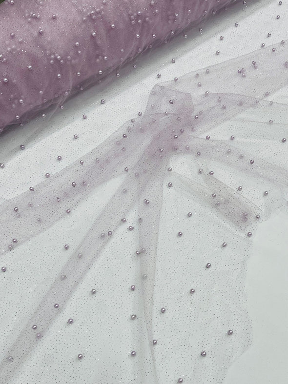 Pearl Glitter Studded Mesh, 2-Way Stretch Shimmer Mesh Fabric, Sold by the yard.