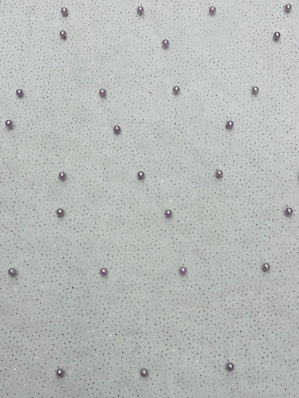 Pearl Glitter Studded Mesh, 2-Way Stretch Shimmer Mesh Fabric, Sold by the yard.