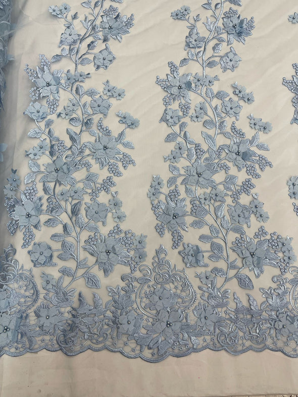 Light Blue 3D floral design embroider and beaded with pearls on a mesh lace-prom-dresses-nightgown-apparel-fashion-Sold by yard